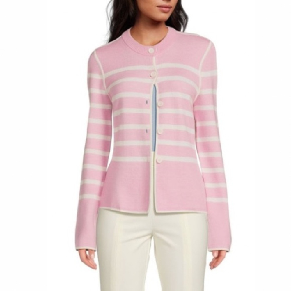 NWT DEREK LAM 10 CROSBY
Pink Striped Wool-Blend Knit Reversible Cardigan Small